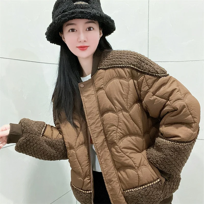 

Women High Quality Color Blocked Thick Cotton Jacket With Stand Up Collar Splicing Design Warm And Loose Top, Fashionable Jacket