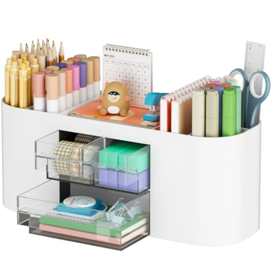 Desk Organizer Pen Holder for Desk with 3 Drawers, Multi-Functional Pencil Holder, Desk Organizers and Accessories with 7 Compa