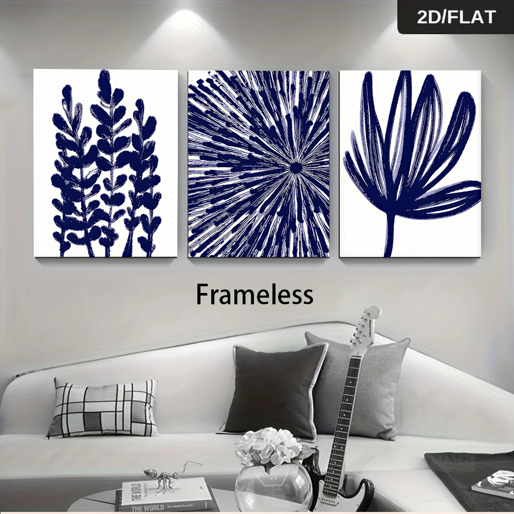 1 ensemble de triptyches modernes et minimalistes pour salon, peinture sur toile sans cadre avec motif de plantes abstraites bleues et blanches, design plat 2D.