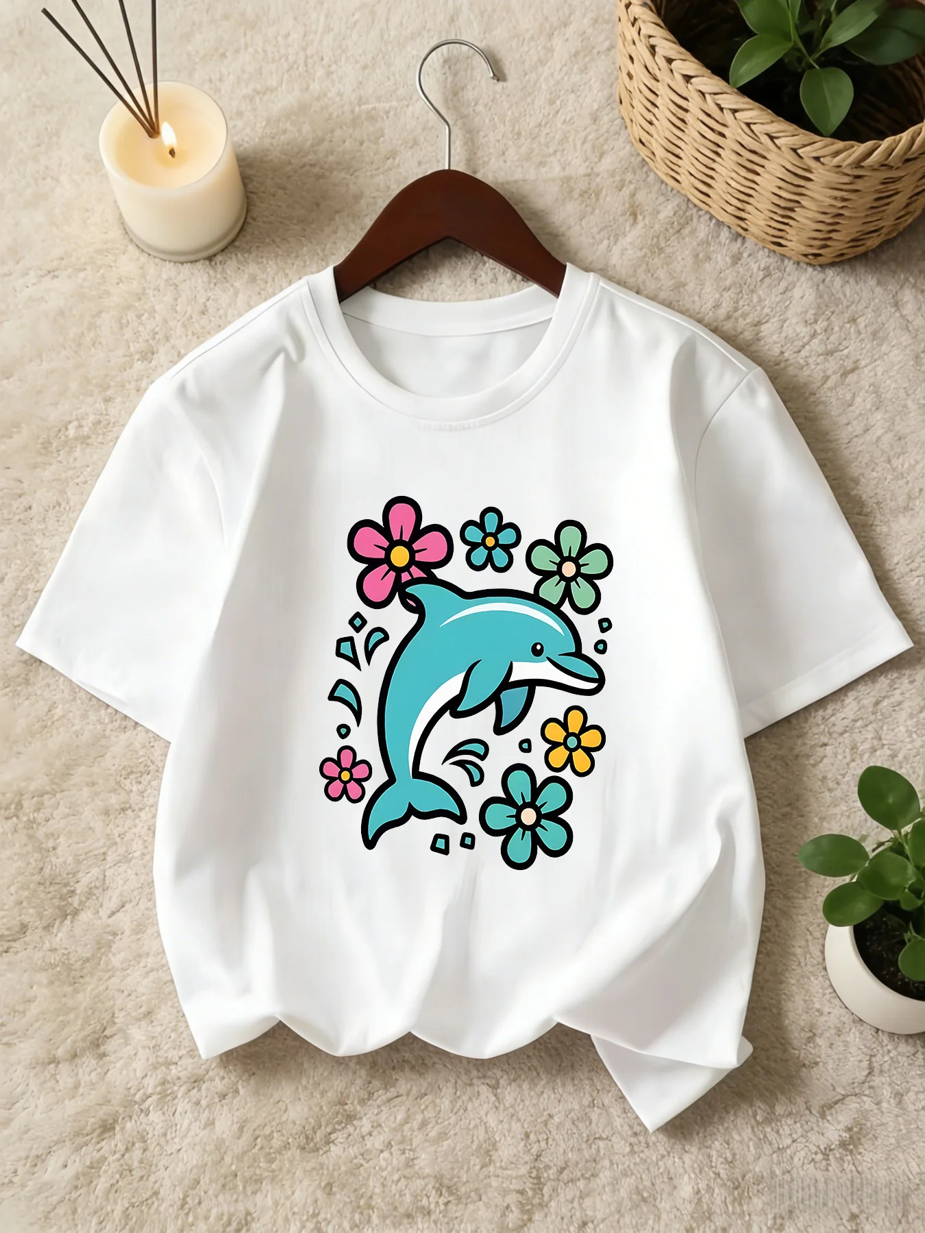 Cute Floral Dolphin Cartoon Print Graphic Kids Tee Boys Girls Family Matching Cotton Crew Neck Short Sleeve Soft Summer Tee