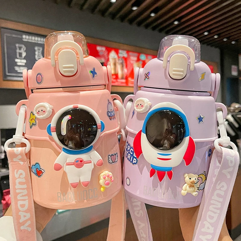 Cute Astronaut Children Insulation Cup 316 Stainless Steel Straw Thermos Water Bottle For School Boys Girl Outdoor Big Belly Cup