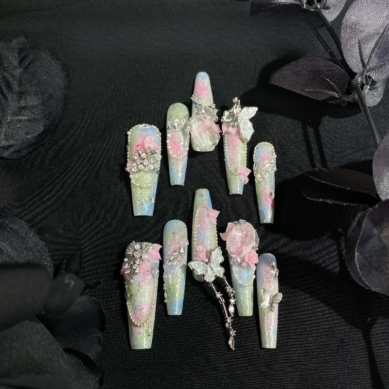 

Hand-worn nail removable manicure luxury extra long T-tip green pink butterfly