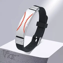 Vnox Sport Baseball Silicone Bracelets for Men, Stainless Steel ID Tag with Black Rubber Bands Wristband Length Adjustable