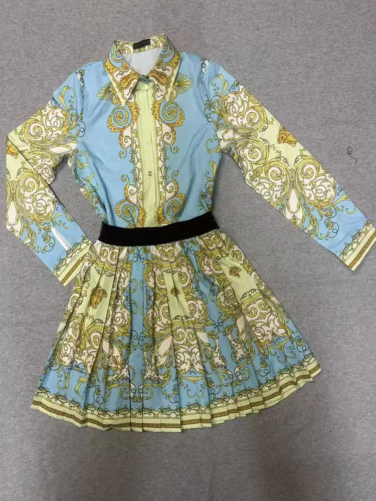 

Spring 2026 new printed women's suit single-breasted long-sleeved shirt+elastic waist pleated short skirt fashion two-piece suit