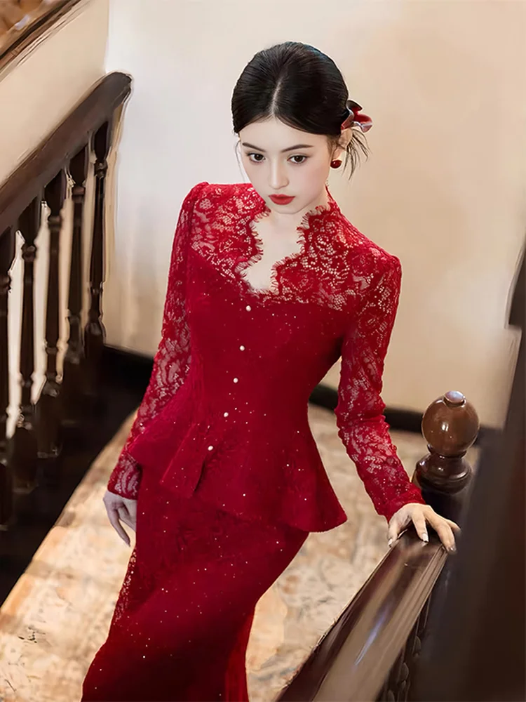 

Early Autumn Wedding Dr Set Ele New Chinese Sle Improved Engagement Par Wear ort Bridal Gown