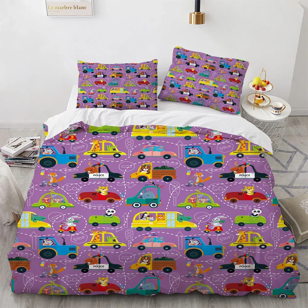 Cartoon Animals Toy Car Duvet Cover King Queen Lovely Frog Cat Rabbit Bedding Set for Kids Wildlife 2/3pcs Polyester Quilt Cover