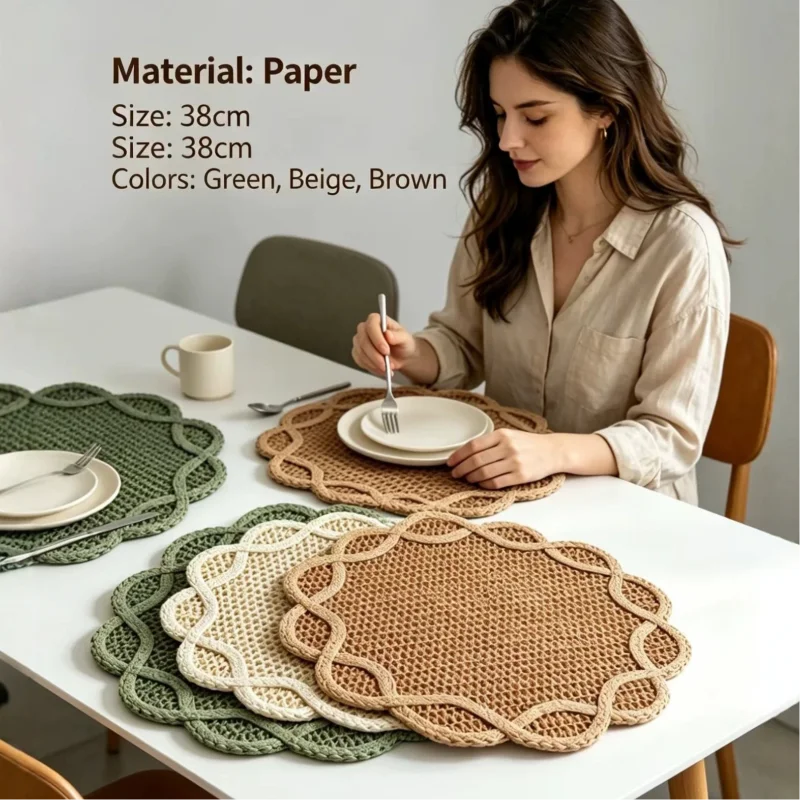 2pcs Vintage Woven Paper Placemat Rattan Texture Heat Resistant Table Mat Handmade Braided Table Mat for Home Dining Table Decor