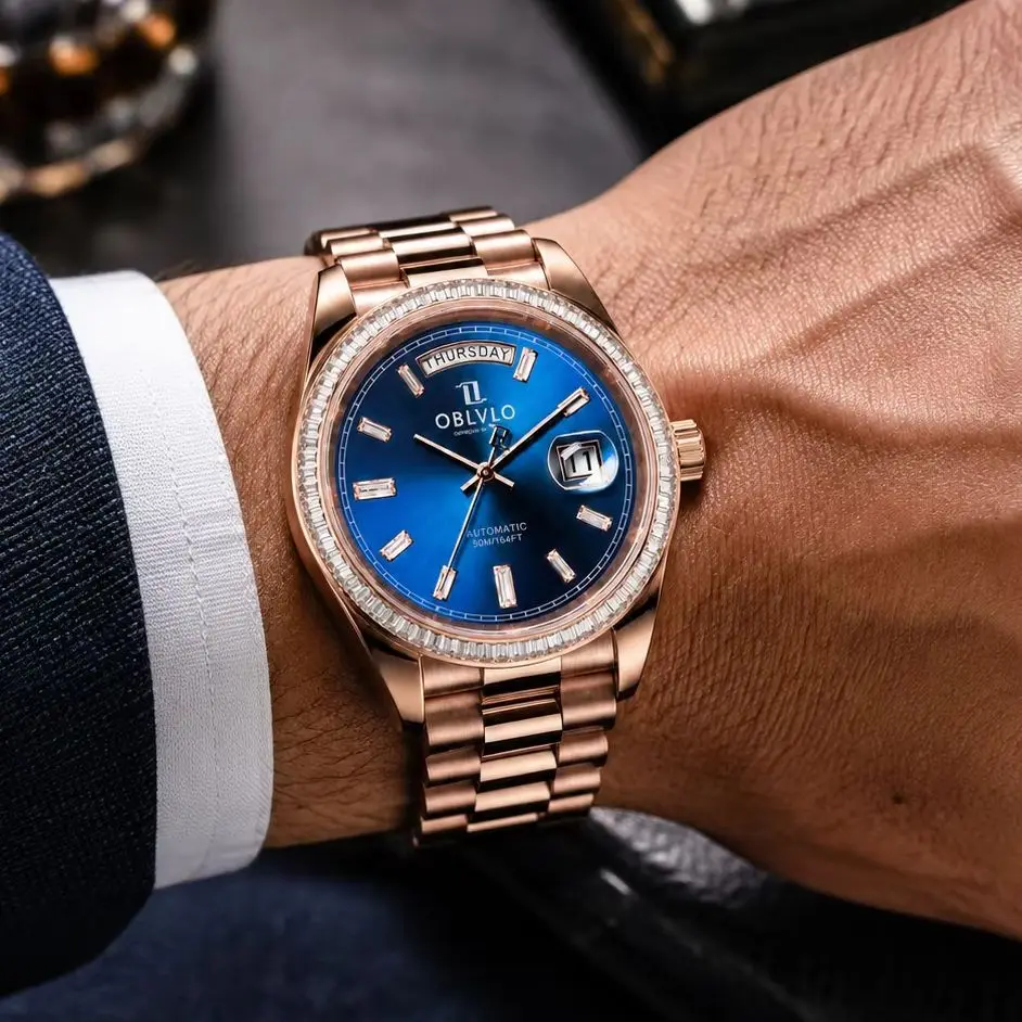 OBLVLO Men's Luxury Blue Dial Automatic Watch Diamond Index Day Date Display Miyota 8215 Mechanical Dress Watch Waterproof