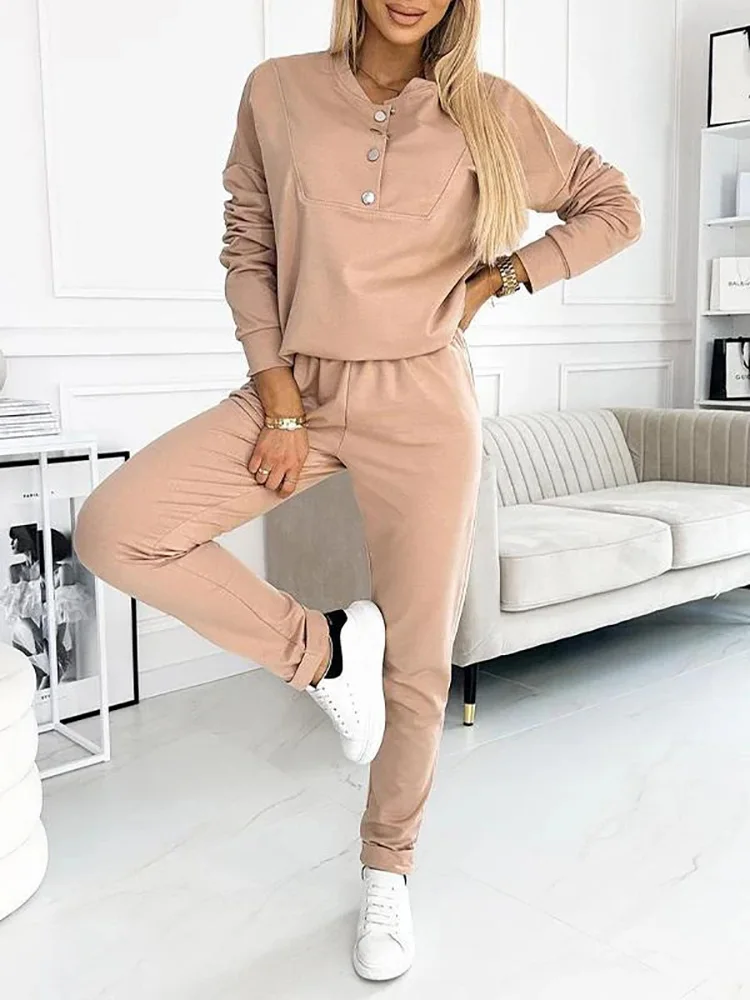 Women Buttons Elegant Two Piece Set Casual O Neck Female Matching Set Sweatshirt Loose Tops Elastic Waist Pocket Pants Outfits