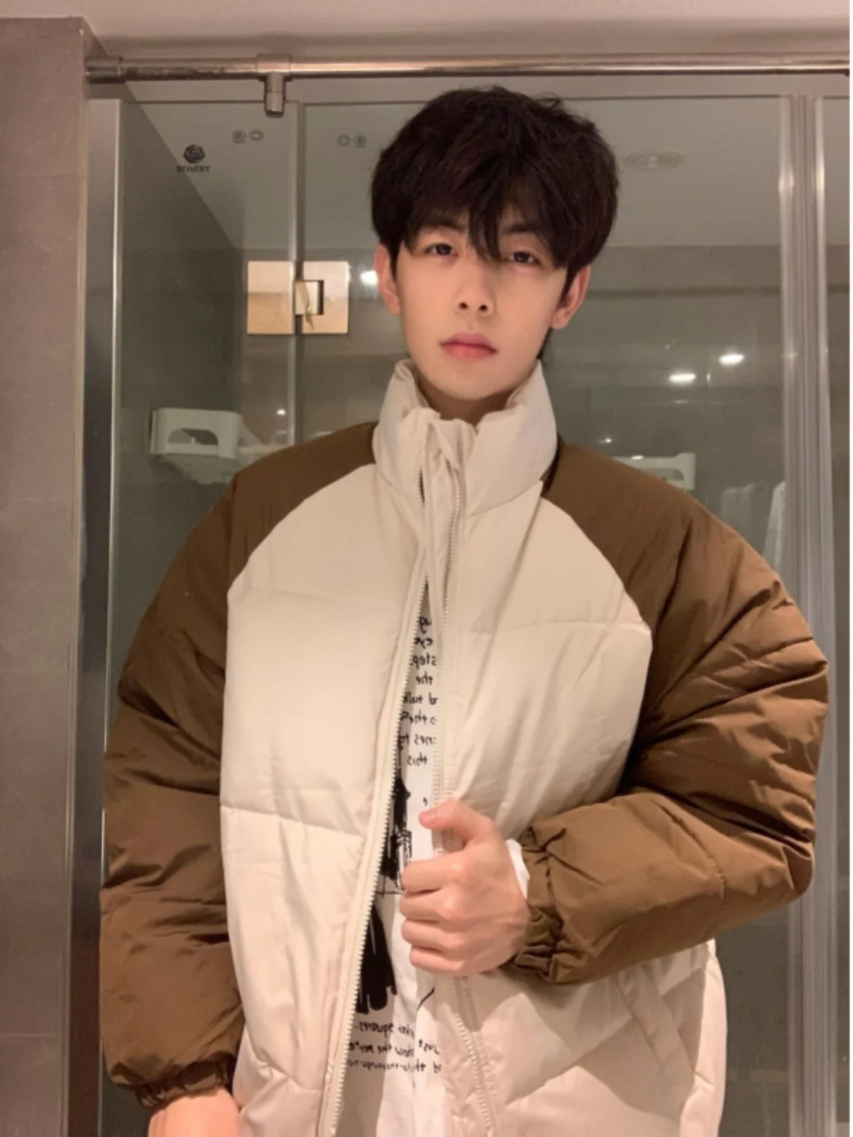 

Khaki Spliced Color Blo Thiened Cotton Jaet Men's Winter Warm Stand Collar Cotton Clothes Cleanfit Thiened Cotton Coat