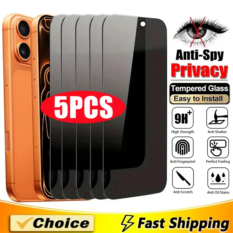 

5Pcs Anti-spy Glass For iPhone 17 16 15 14 11 12 13 Pro Max Mini Full Cover Privacy Screen Protector For iPhone 16 Plus XR X XS