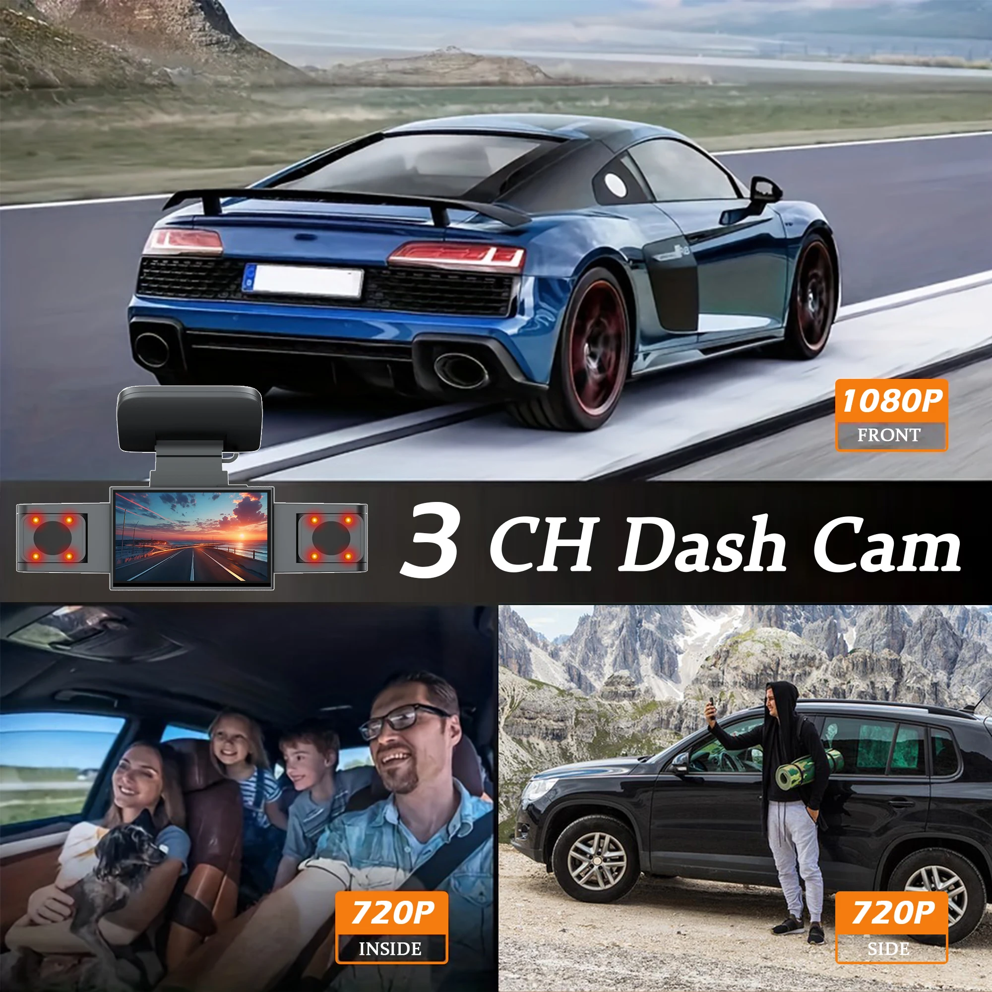 3 Channel Dash Cam Video Recorder Three Lens Car Camera with Rear View DVR 24H Parking Monitor Black Box car accessories