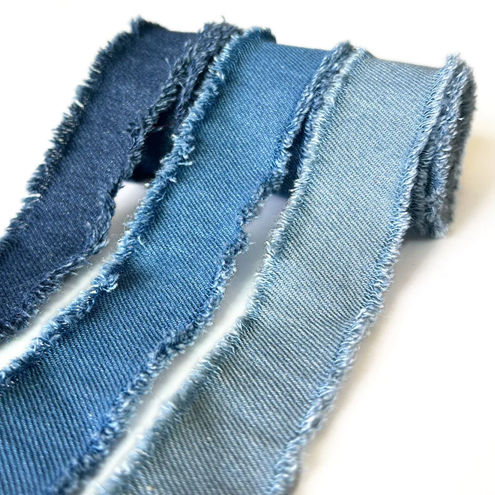 Denim Blue Polyester Ribbon with Spool Handmade Fringe Frayed Fabric Cloth for Wedding Invitations Bridal Bouquets Gift Wrapping