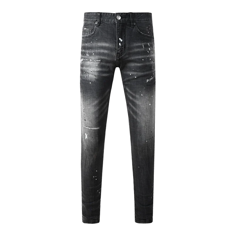 Men's Vintage Black Wash Skinny Jeans Splash Paint Spot Distressed Slim Fit Denim Pants Streetwear Hip Hop Trousers