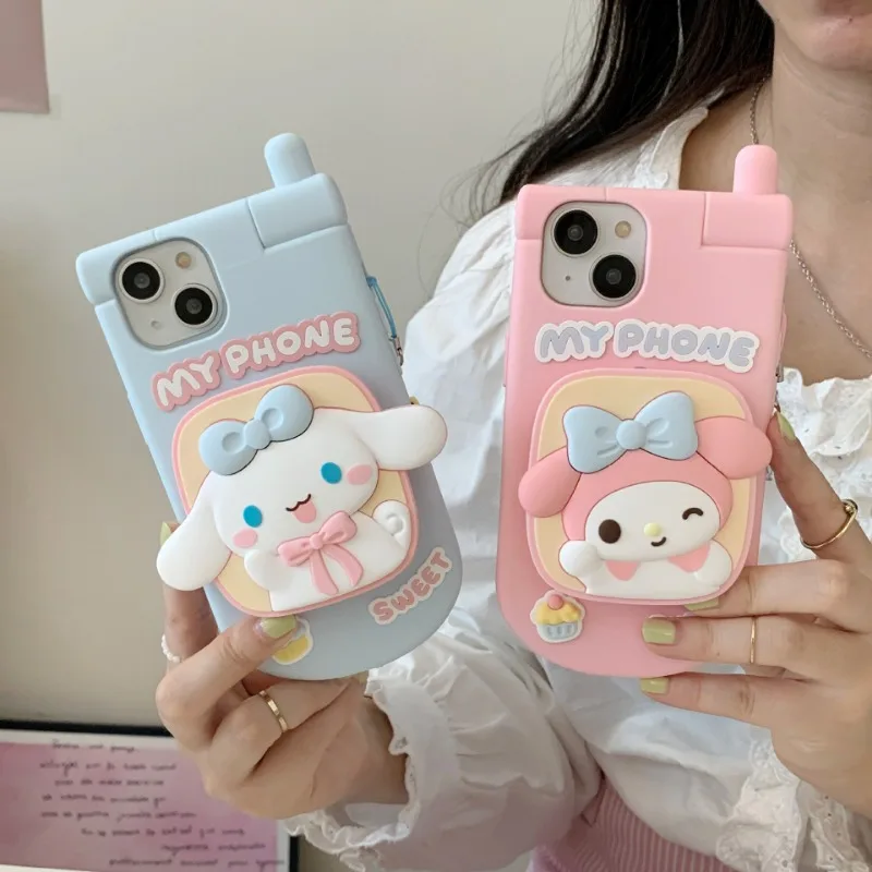 Sanrios Hello Kitty Cartoon Phone Shell with Mirror cute 3D Soft Case for Iphone 15 14 Pro Max 13 11 12 Silicone Matte Cover