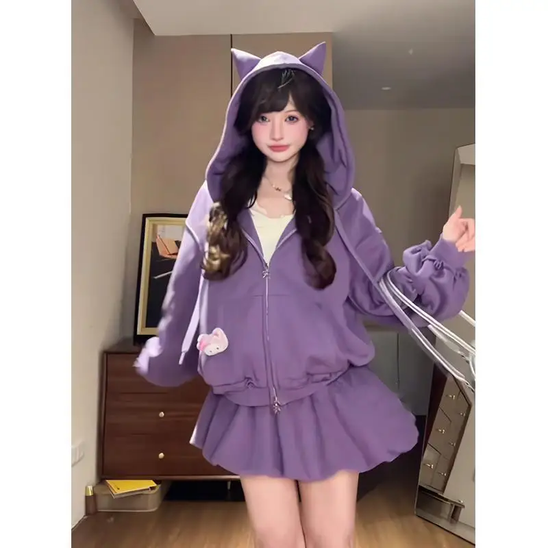 2025 Women's Y2K Purple Cat Ear Hoodie Set - Zip-Up Sweatshirt & Pleated Skirt, Sweet Edgy Vintage Streetwear for Spring Autumn