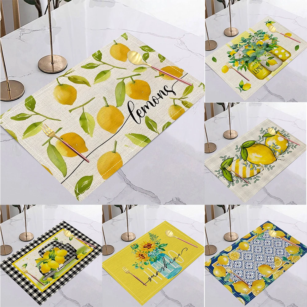 4/6/8pc Zitrone Gedruckt Sommer Leinen Tischset Frische Urlaub Esstisch Matte Dekoration für Hochzeit Party hause Versammlung