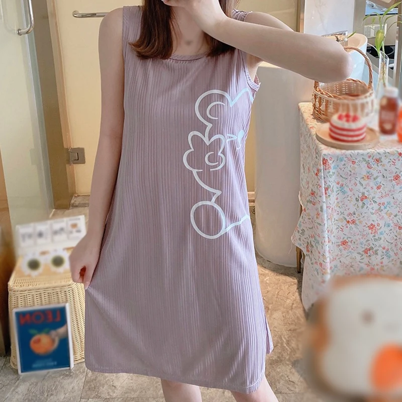 

Fashion Summer Women's Sleepwear Cartoon Printed Padded Nightdress Sleepwear Solid Nightgowns Sleeveless Female Homewear