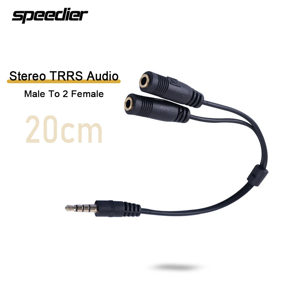 3.5mm Stereo TRRS Audio Male To 2 Female Earphone Headset + Microphone Y Splitter Extension Cable Adapter for PC Phone 20cm