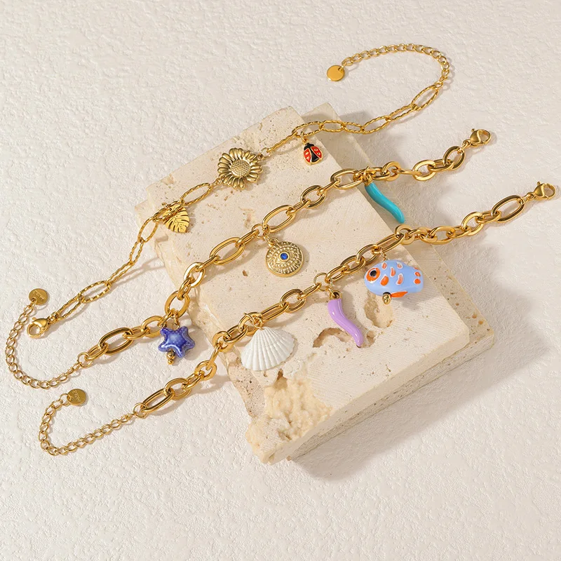 

Multi-element Bracelets For Women Gold Plated Stainless Steel Wrist Chain Ocean Series Charms Daily Wear Jewelry Birthday Gifts