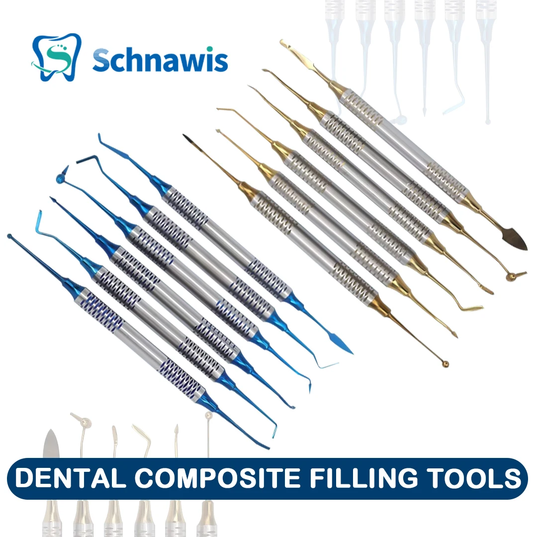 6Pcs/Kit Orthodontic Composite Resin Filling Spatula Restoration Tool Denspay Titanium Plated Head Resin Filler Set Thick Handle