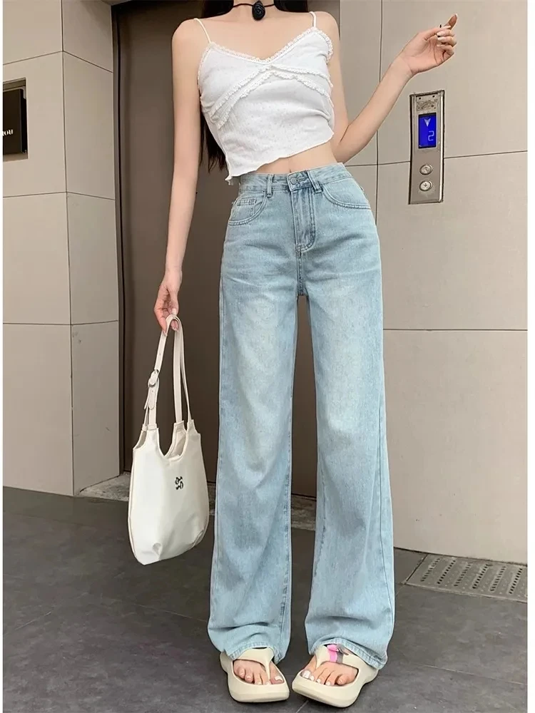 

Womens Casual Loose Jeans Relaxed Fit High Waist Light Blue Wide Leg Trousers Autumn Bow Embroidery Slimming Length Pants