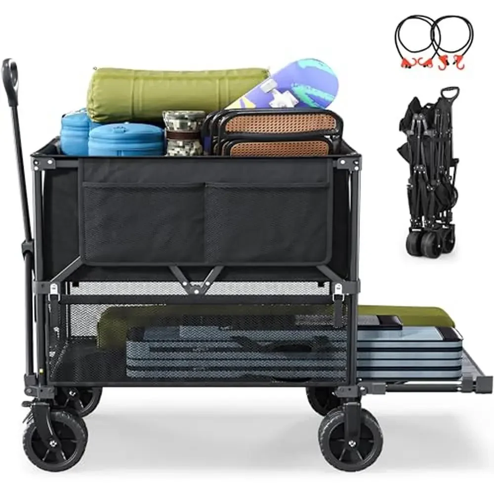 

Double-Deck Folding Utility Wagon 400L with Large Wheels Cup Holder 450lbs Capacity Sports Transport Cart Efficient Collapsible