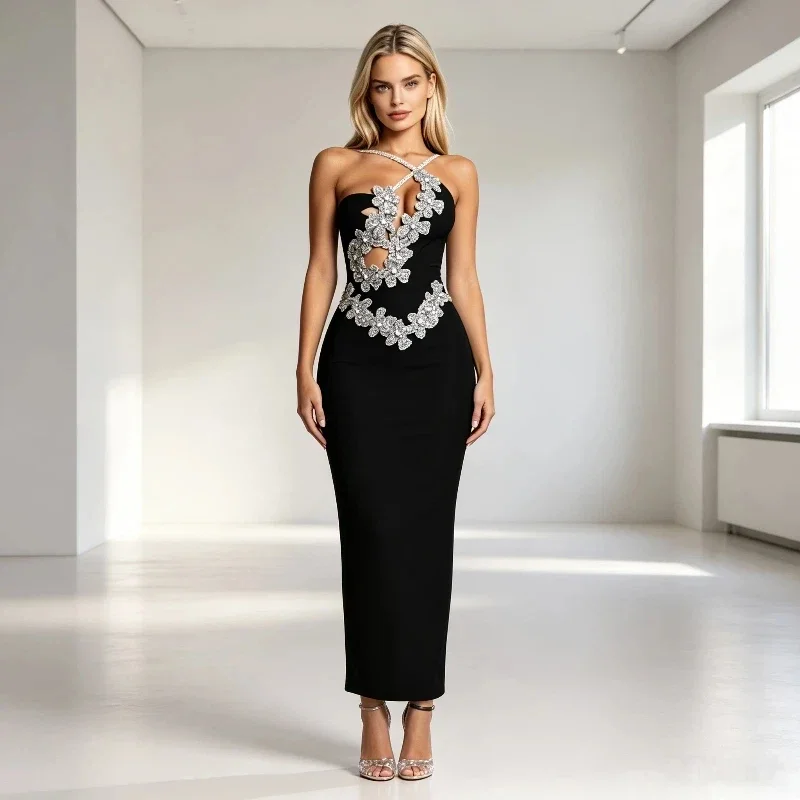 White Sexy Backless Bodycon Bandage Dress with Sparkly Crystal Diamonds for Women Elegant Celebrity Evening Club Party Birthday