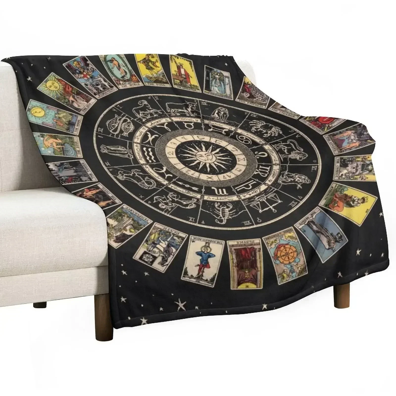 Wheel of the Zodiac, Astrology Chart and the Major Arcana Tarot Throw Blanket Wrinkle Resistant Lightweight Blanket