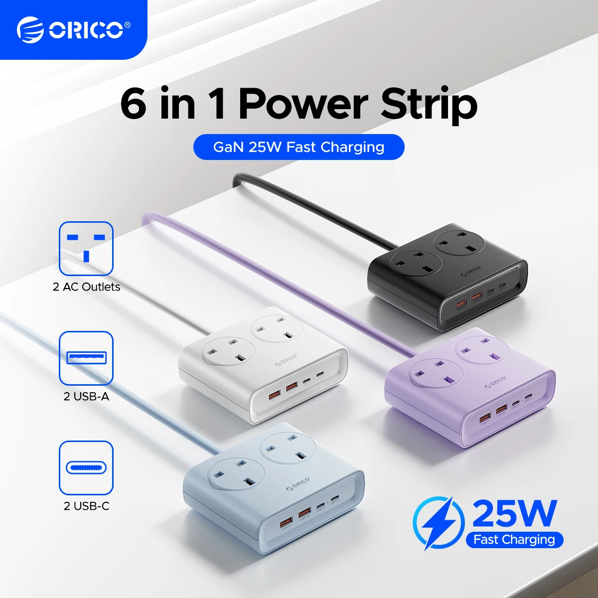 ORICO PD25W UK Plug Desktop Power Strip with 2 Type-C Port 2 AC Outlets 2 USB-A Ports Charging Station for Phones Electronics