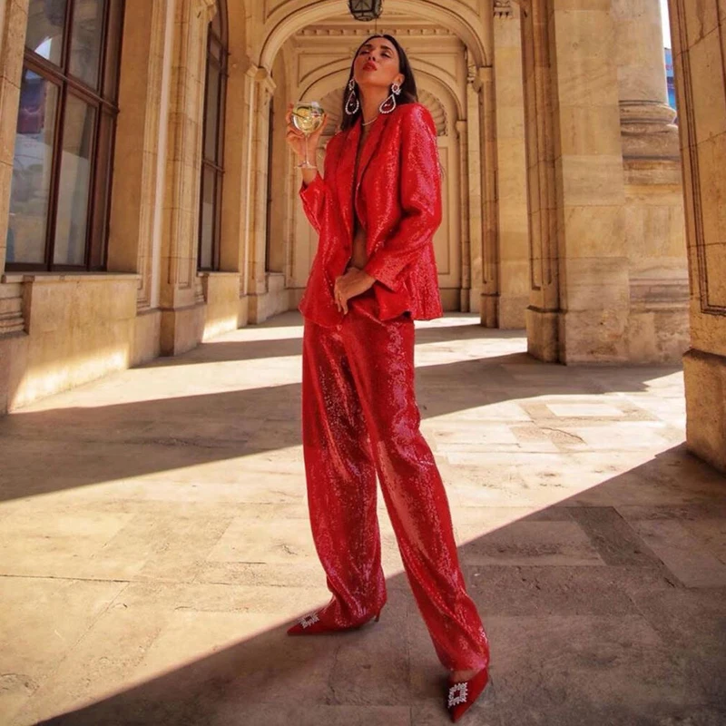 

Red Sequin Suit Straight Leg Pants Two Piece Set Fashionable Birthday Party Women's Wear Glittering Suiting Elegant Ensemble