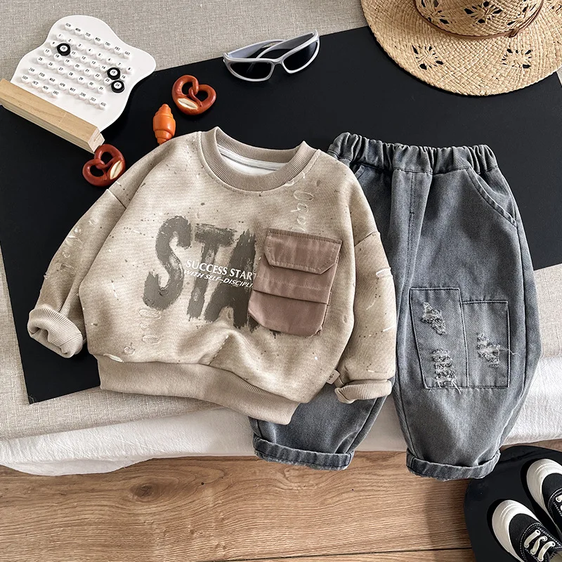 Boys Clothes Sets Spring Autumn Children Cotton Sweatshirts Tops Denim Pants 2pcs Casual Suit For Baby Tracksuits Kids Outfits 4