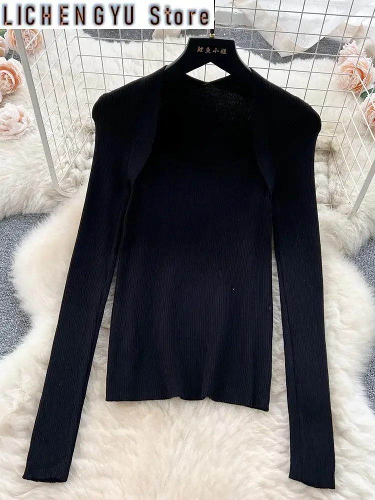 Casual Two Piece Set For Women Long-sleeve Knitted Sweater High Waist Embroidery Mesh Skirt Suit Winter Spring