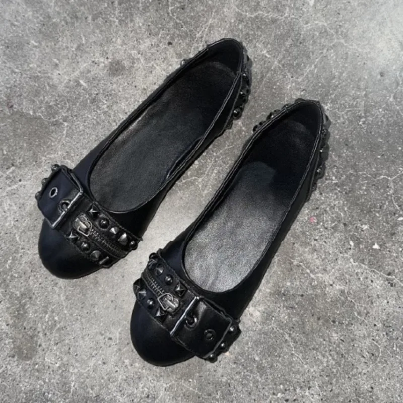 Vintage Gothic Rivet Mary Jane Women's Shoes Double Buckle Flat Ballet Shoes for Women Comfortable Single Shoes Zapatos De Mujer