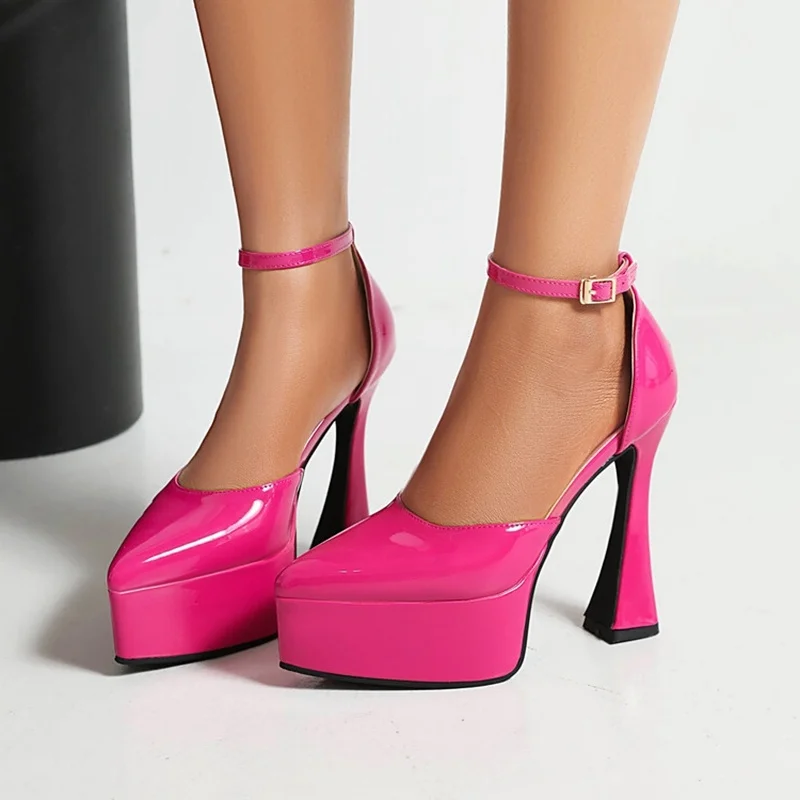 

ORCHA LISA Sexy Women Pumps Pointed Toe 13cm High Heel 4cm Platform Ankle Strap Patent Leather Black Red Big Size 47 Party Style