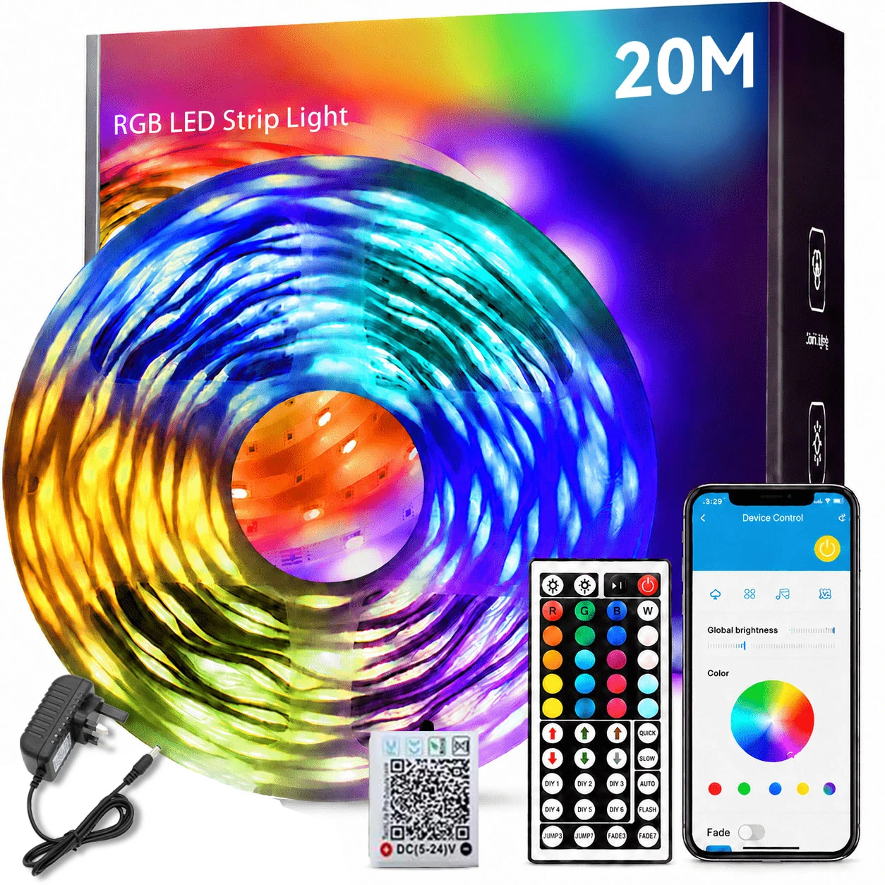 DC24V RGB LED Strip Light US/EU/UK Plug Bluetooth APP Control 44 Keys IR Remote 5M-30M Long Light Tape For Commercial & Home Dec