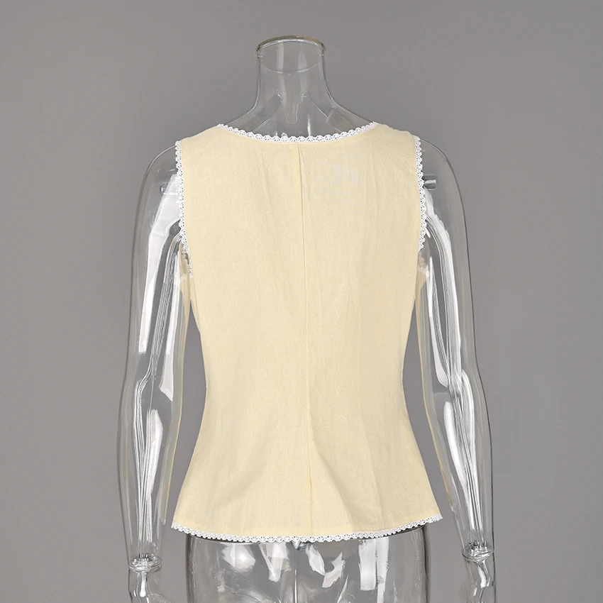 Linad Vintage Khaki Lace Spaghetti Strap Vest 2026 Elegant Square Collar Single Breasted Camis Street Chic Sleeveless Top Female image 6