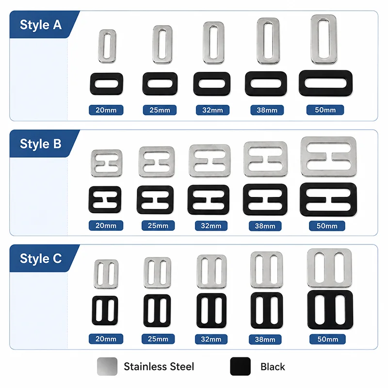 10/20Pcs 20-50mm Stainless Steel Bag Strap Buckles Tri-Glide O Ring Adjustment Buckle Full Slider Square Rings Belt Clip Clasp