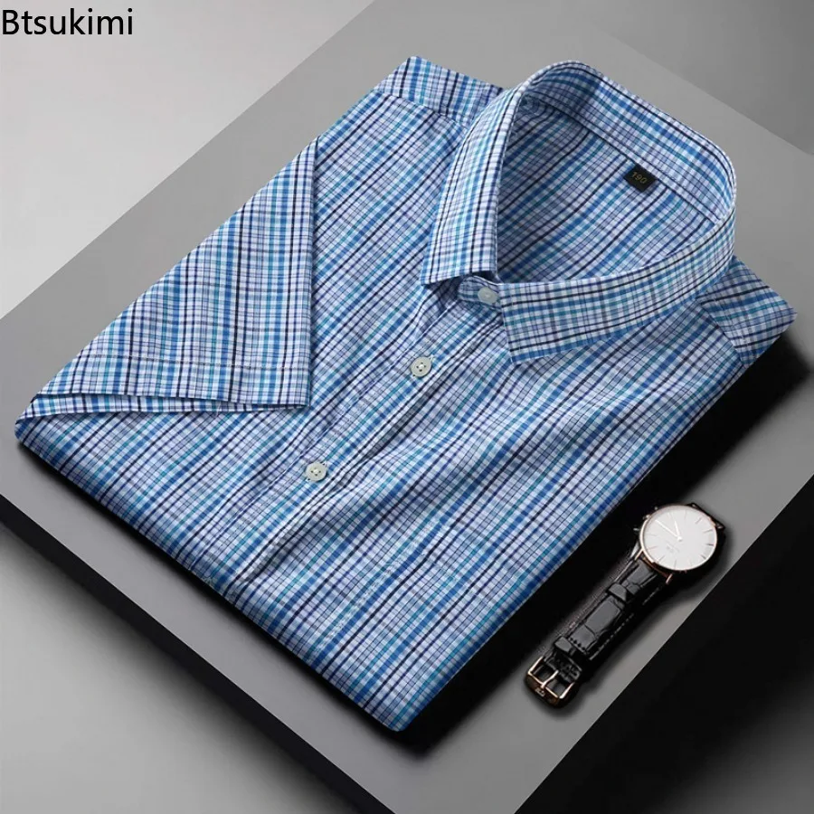 2025 Summer New Fashion 100% Cotton Short Sleeve Plaid Shirts for Men Super Large Business Office Yarn Dyed Plaid Shirt Men Tops