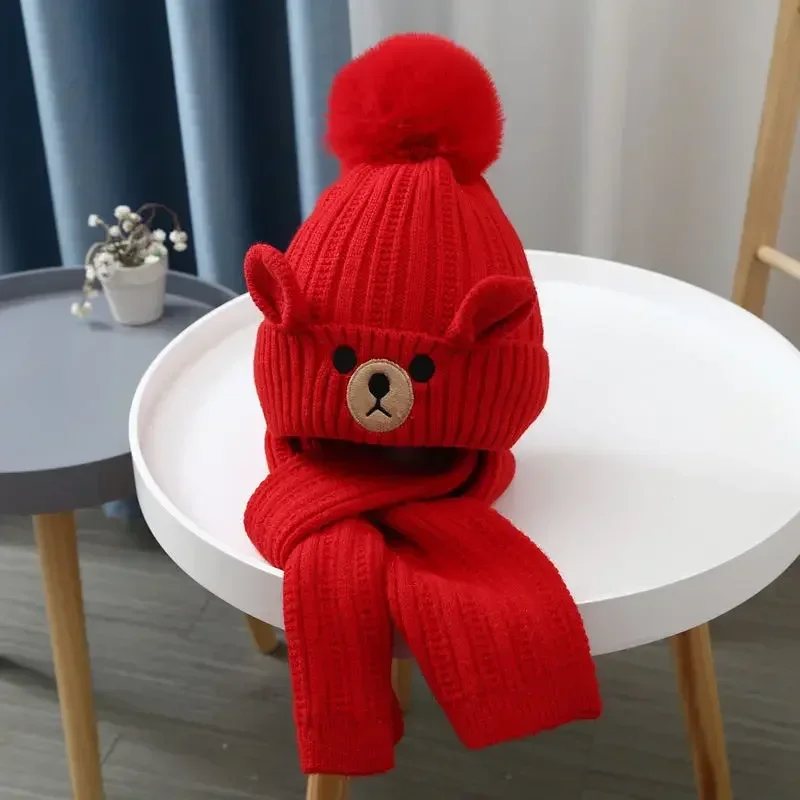 Winter Warm Kids Beanie Scarf Set Cartoon Bear Hat Cap with Earflaps Shawl Crochet Bonnet for Toddler Boy Girl Outdoor Hat Items