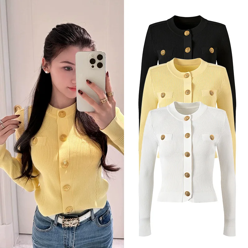 

Ele Pure Color Metal Bule ort Пальто для похудения Внутренняя одежда Кардиган Женский весенний 2024 Sle Commute Faion Женский нож...