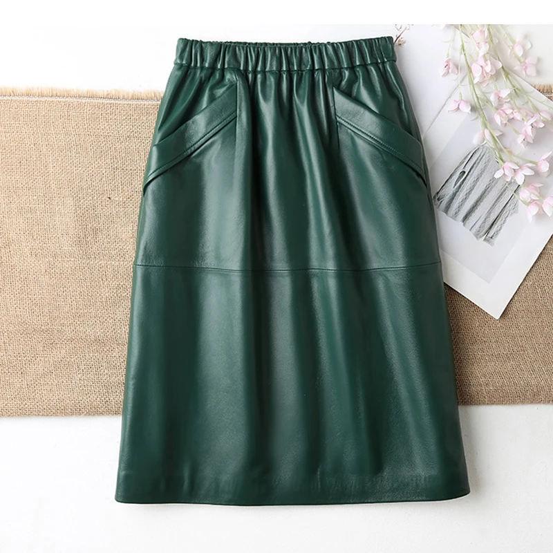 Midi Skirt Women 100% Genuine Leather Female Elegant Korean Style Avocado Powder Elastic Waist Mid Jupe Mujer Casual Street Saia