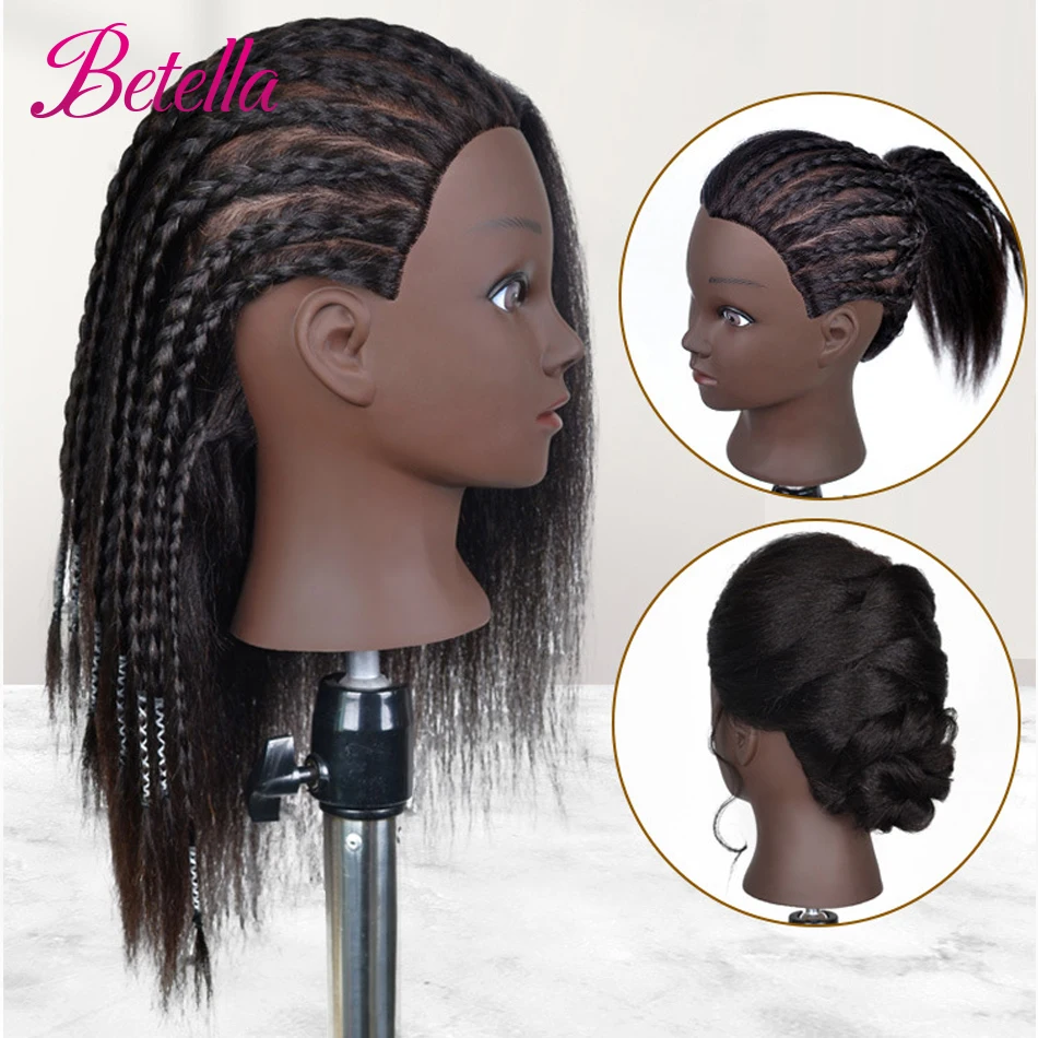 Afro Mannequin Heads With 100% Real Hair With Adjustable Tripod Hairdressing Dolls Training Head For Practice Styling Braiding