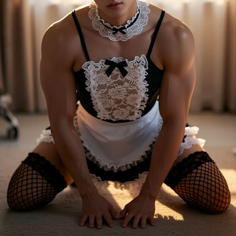 sexy porno lingerie Lace male style straps crotchless dress cross dressing role-playing costumes uniform couple date sex suit - view 3