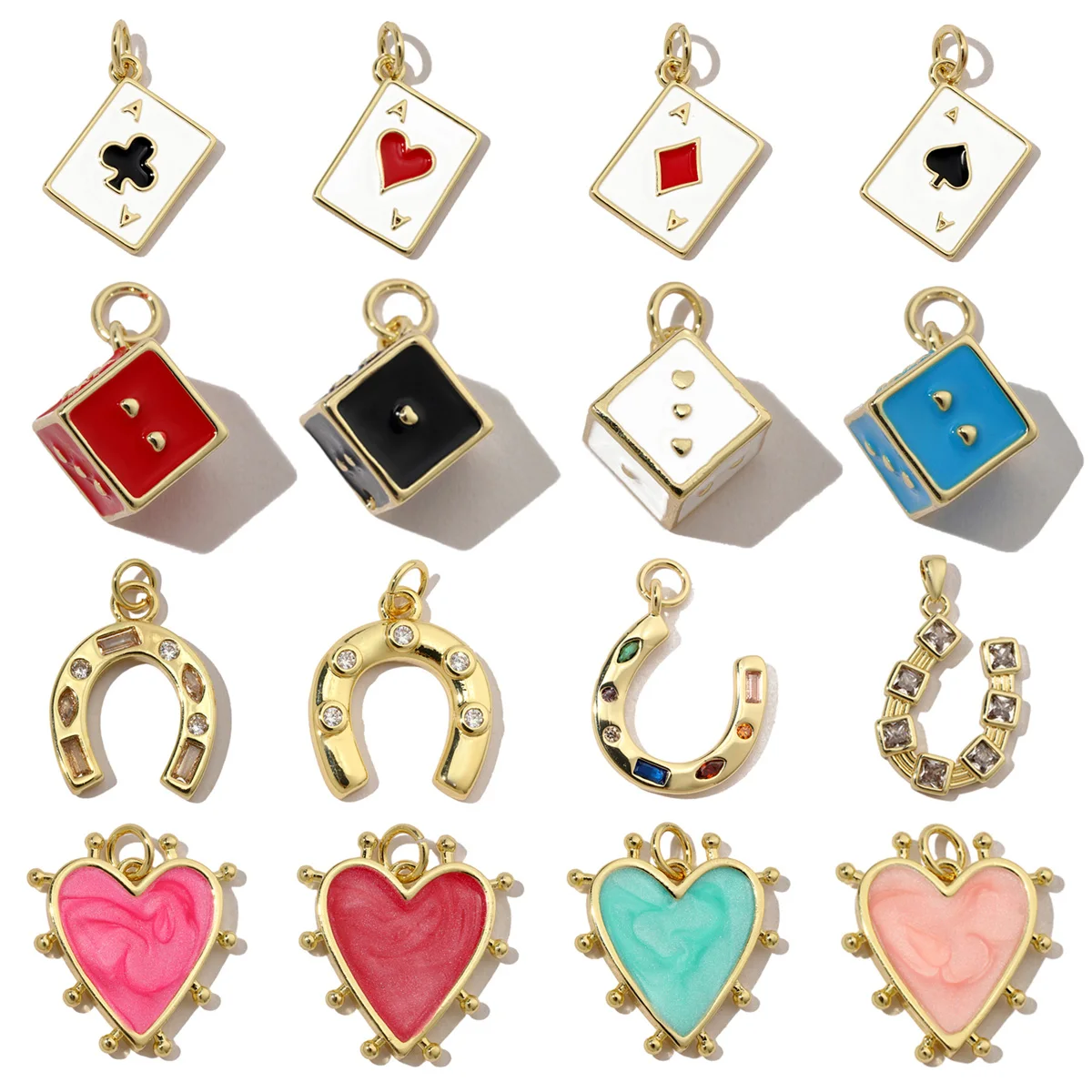 3pcs/Lot 18k Gold Plated Enamel Heart DIY Charms Women Cubic Ziron Horseshoe Necklace Pendants Dise Poke Earring Jewelry