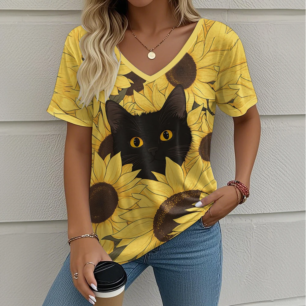 Sunflower Print Women's T-Shirts Fashion 3D Cat Pattern Short Sleeve Tee Summer Commute Female Clothing Casual Loose V-neck Tops