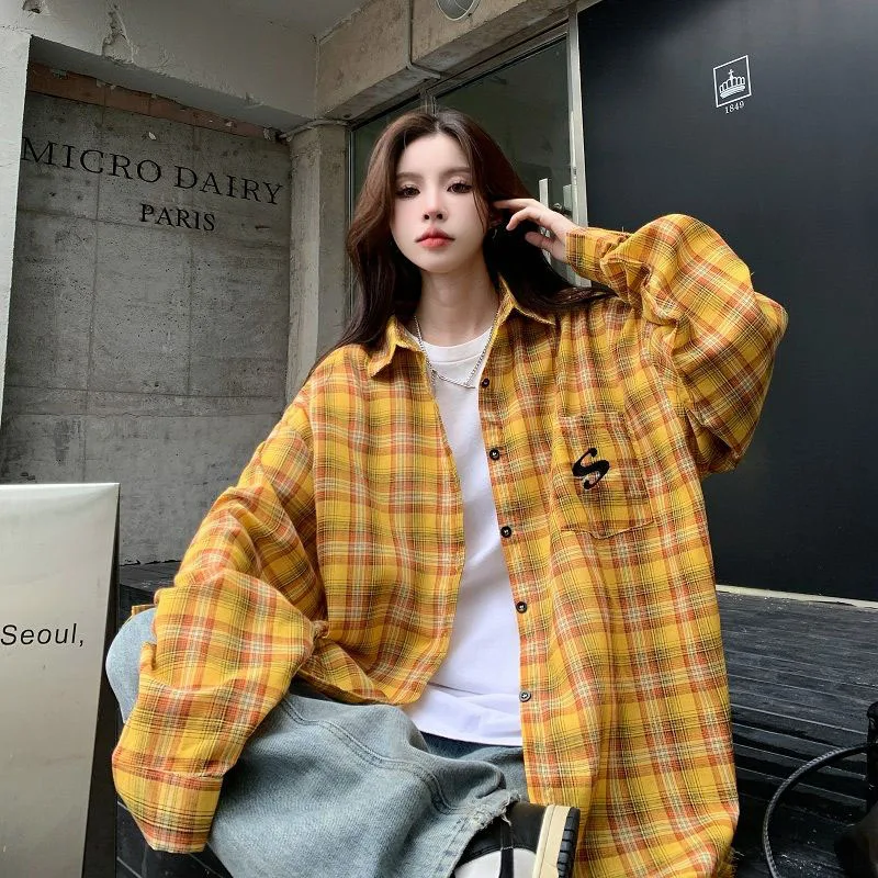 

Yellow Plaid Thin Long Sleeved Shirt For Women's 2024 Spring Autumn Vintage Hong Kong Style Versatile Mid Length Couple Top