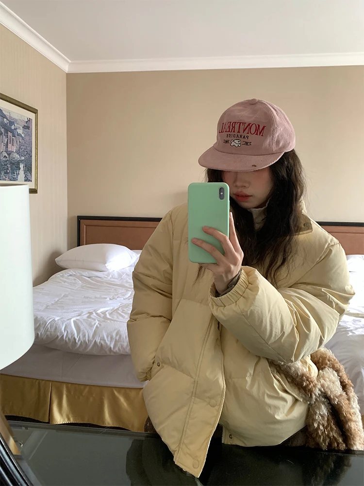 

Женское пуховое пальто Hihi Dry Cup Yellow Du down Jaet с цветными блоками и белым пуховым покрытием, осенняя коллекция 2024 года, модное женское пальто