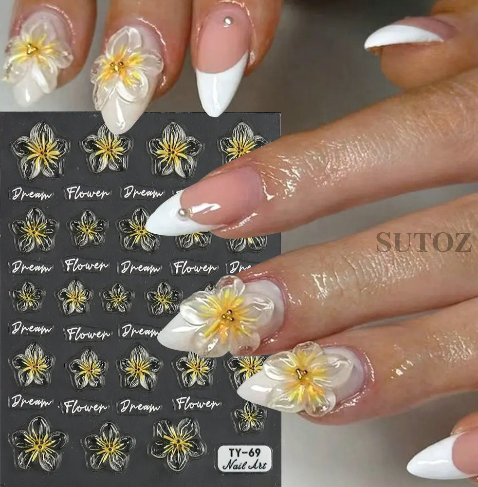 5D Lily Flowers Nail Stickers Gradient Pink Yellow Relief Decals Rhinestones Petals Art Sliders Charms Manicure Decors LEBTY63