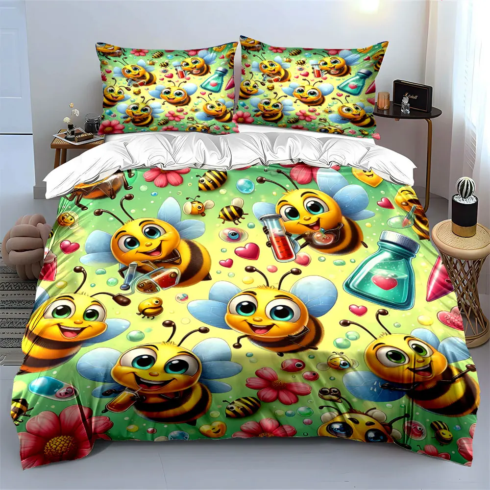 Cartoon bees with science-themed background Print Soft Comfortable Duvet Cover Bedding Set Included 1*Duvet Cover 2*Pillowcases